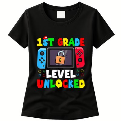 1st Grade Level Unlocked Back To School First Day Gamer Boy Womens T-Shirt