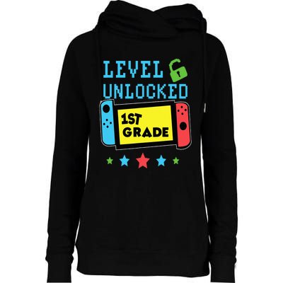 1st Grade Level Unlocked Gamer First Day Of School Womens Funnel Neck Pullover Hood