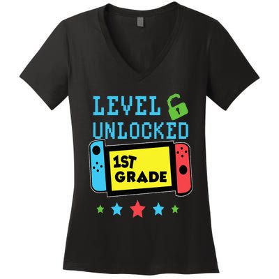 1st Grade Level Unlocked Gamer First Day Of School Women's V-Neck T-Shirt