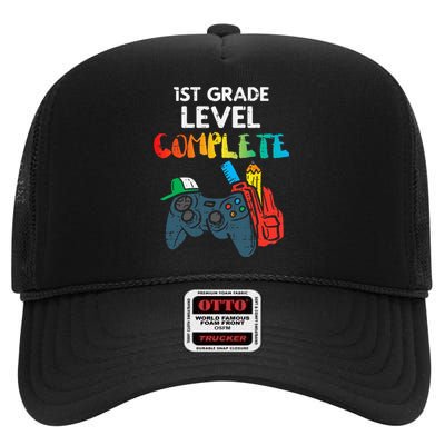 1st Grade Level Complete Gaming Boy Last Day Of School Gamer High Crown Mesh Back Trucker Hat