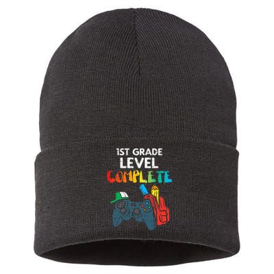 1st Grade Level Complete Gaming Boy Last Day Of School Gamer Sustainable Knit Beanie