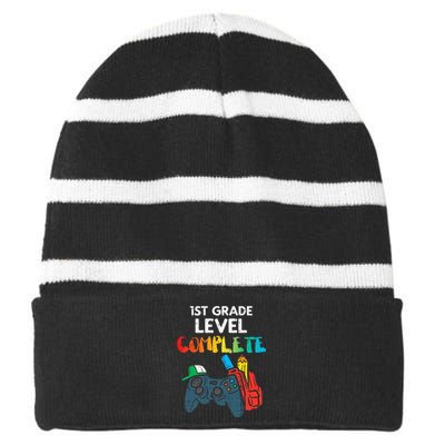 1st Grade Level Complete Gaming Boy Last Day Of School Gamer Striped Beanie with Solid Band