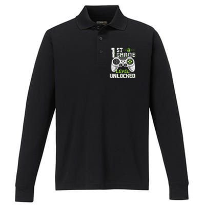 1st Grade Level Unlocked Gamer First Day Of School Performance Long Sleeve Polo