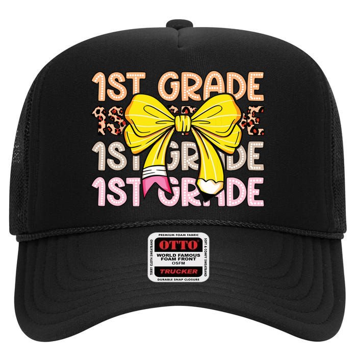 1st Grade Squad First Grade Team 1st Day Of School High Crown Mesh Back Trucker Hat