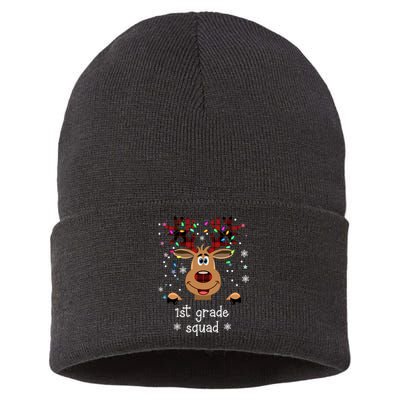 1st Grade Squad Reindeer Christmas Sustainable Knit Beanie