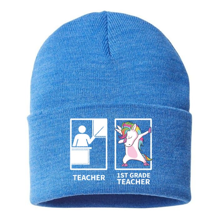 1St Grade Teacher Dabbing Unicorn Gift First Grade Teacher Cute Gift Sustainable Knit Beanie