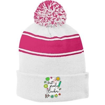 1st Grade Teacher Best First Grade Teacher Stripe Pom Pom Beanie