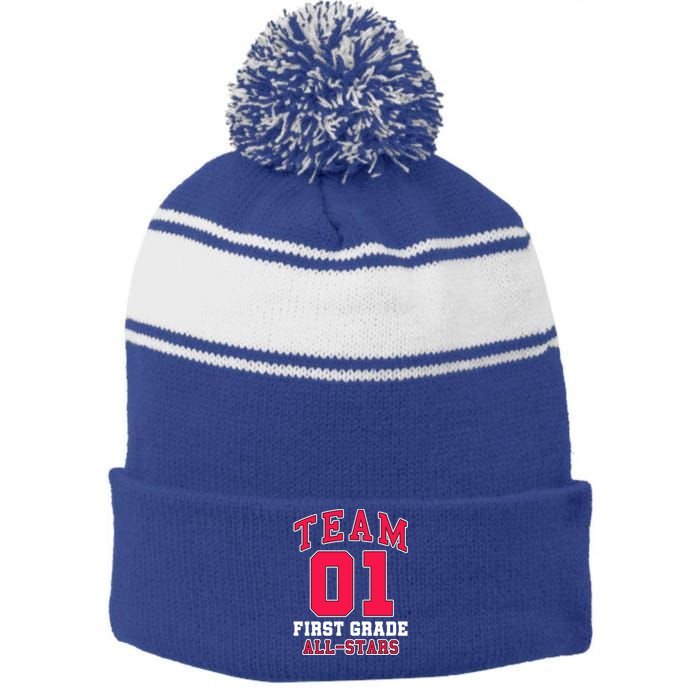 1St Grade Team 01 AllStars First Grade Teacher Student Gift Stripe Pom Pom Beanie