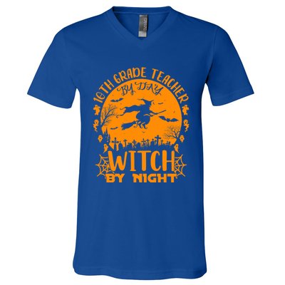 10Th Grade Teacher By Day Witch By Night Funny Halloween Gift V-Neck T-Shirt