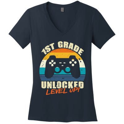 1st Grade Unlocked Level Up Gamer Back To School Women's V-Neck T-Shirt