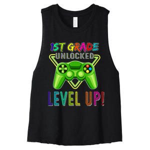 1St Grade Unlocked Level Up Gamer Back To School First Grade Women's Racerback Cropped Tank