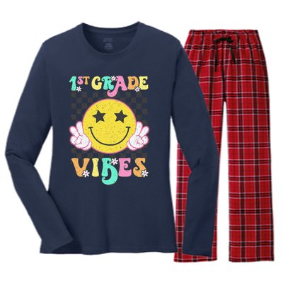 1st Grade Vibes Smile Face Back To School First Grade Women's Long Sleeve Flannel Pajama Set 