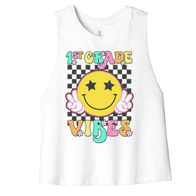 1st Grade Vibes Smile Face Back To School First Grade Women's Racerback Cropped Tank