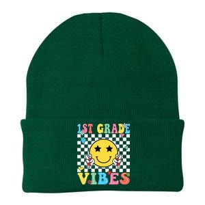 1st Grade Vibes Smile Face Back To School First Grade Knit Cap Winter Beanie