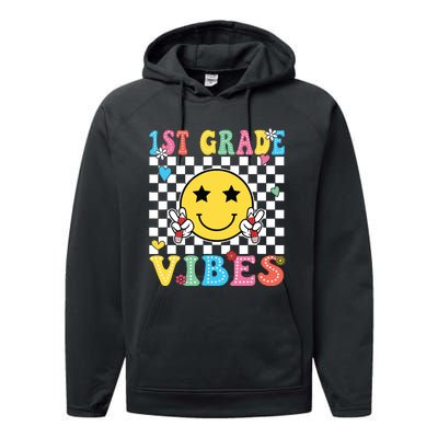 1st Grade Vibes Smile Face Back To School First Grade Performance Fleece Hoodie