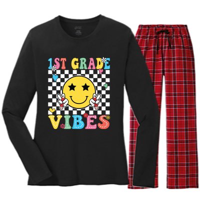 1st Grade Vibes Smile Face Back To School First Grade Women's Long Sleeve Flannel Pajama Set 