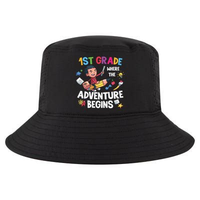 1st Grade Where The Adventure Begins Back To School Cool Comfort Performance Bucket Hat