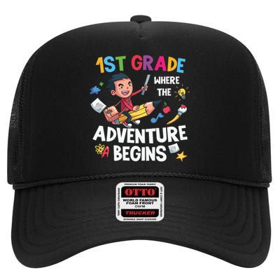 1st Grade Where The Adventure Begins Back To School High Crown Mesh Back Trucker Hat