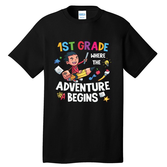 1st Grade Where The Adventure Begins Back To School Tall T-Shirt