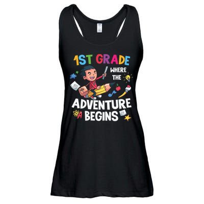 1st Grade Where The Adventure Begins Back To School Ladies Essential Flowy Tank