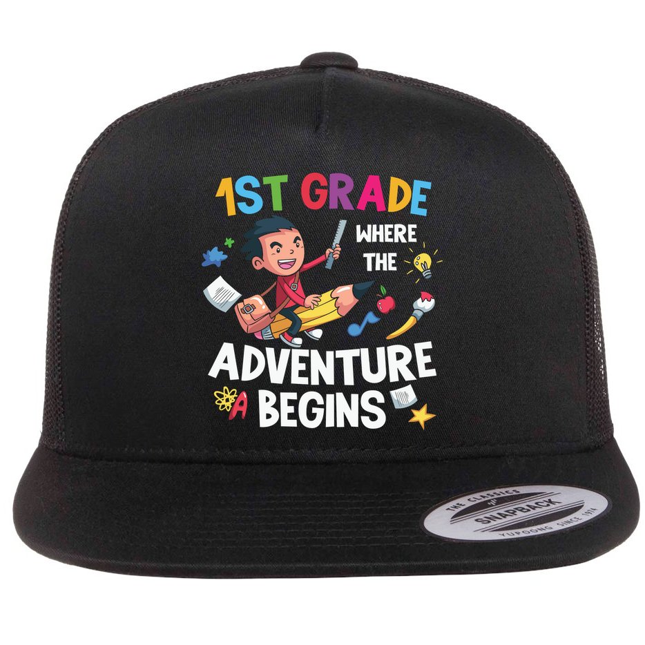 1st Grade Where The Adventure Begins Back To School Flat Bill Trucker Hat