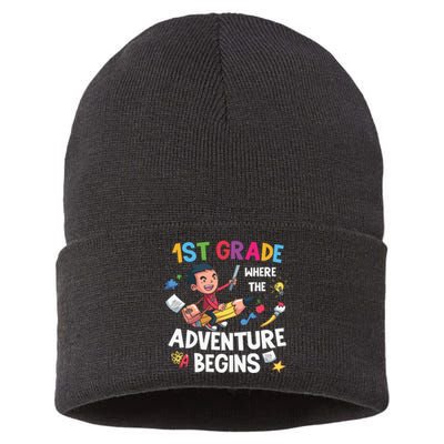 1st Grade Where The Adventure Begins Back To School Sustainable Knit Beanie