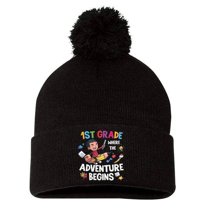 1st Grade Where The Adventure Begins Back To School Pom Pom 12in Knit Beanie