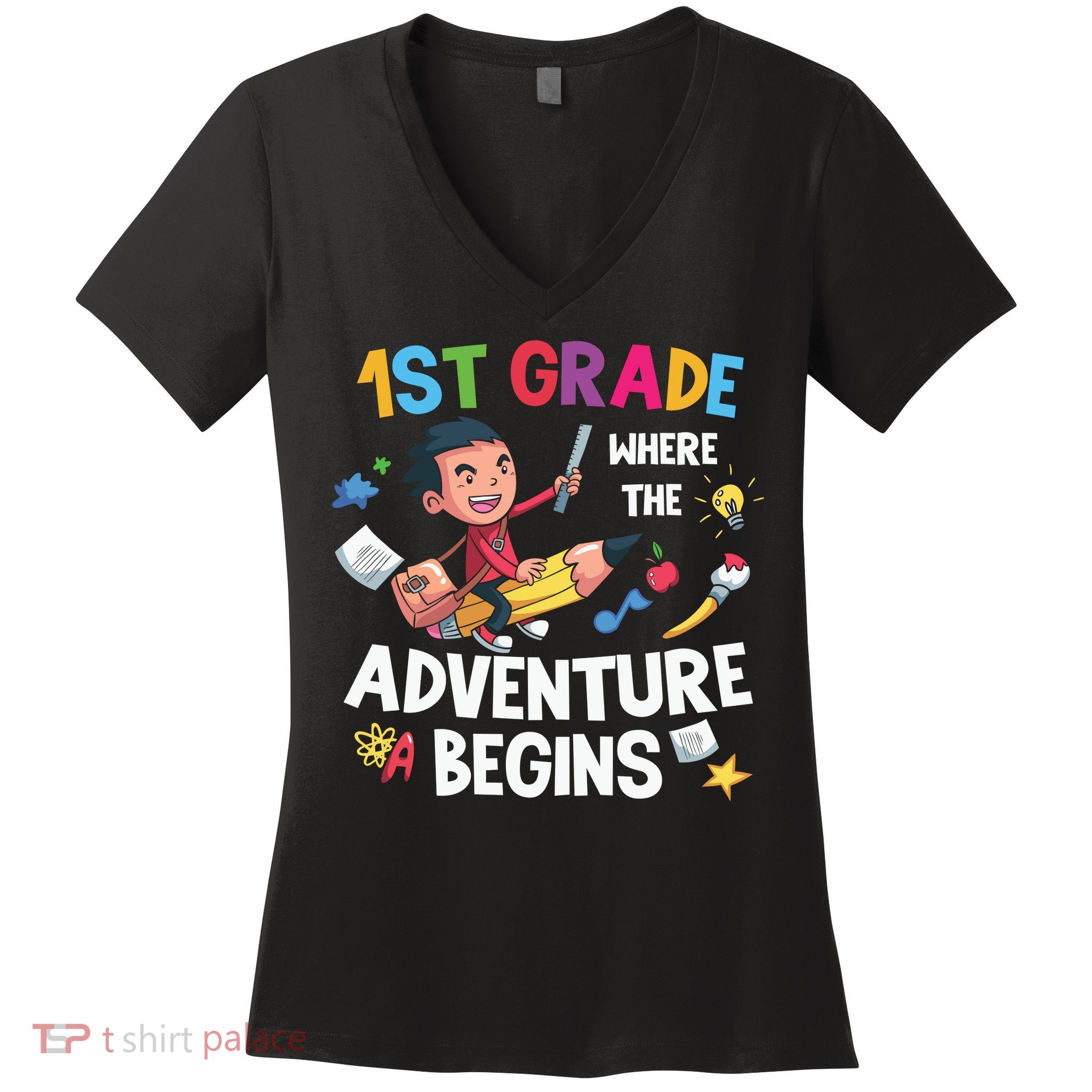 1st Grade Where The Adventure Begins Back To School Women's V-Neck T-Shirt