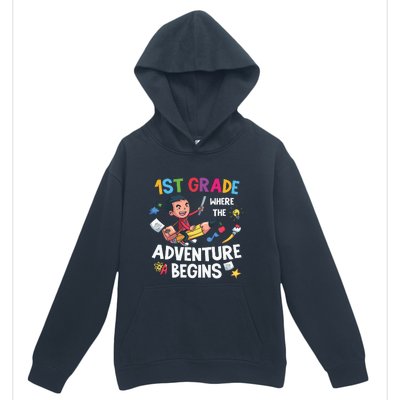 1st Grade Where The Adventure Begins Back To School Urban Pullover Hoodie