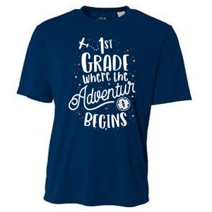 1st Grade Where The Adventure Begins First Teacher Cooling Performance Crew T-Shirt