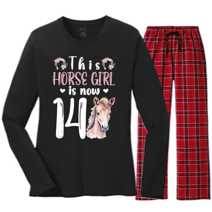 14th Horse Birthday Party 14 Year Old Girl Horses Birthday Women's Long Sleeve Flannel Pajama Set 