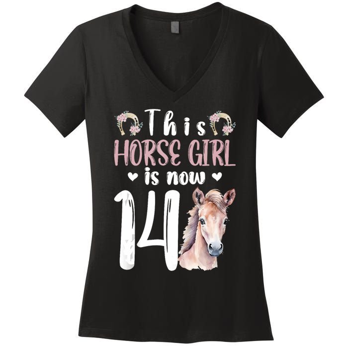 14th Horse Birthday Party 14 Year Old Girl Horses Birthday Women's V-Neck T-Shirt