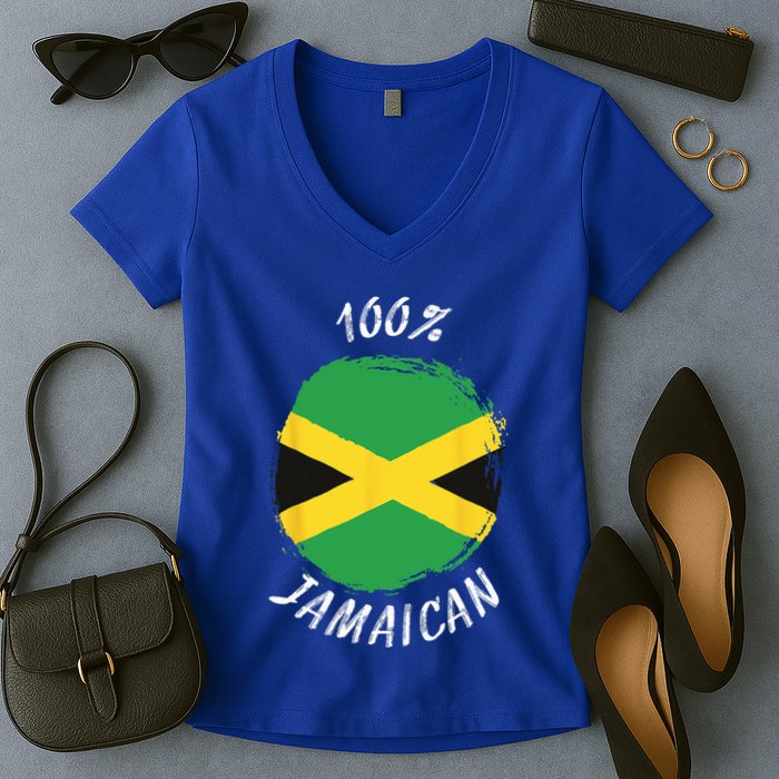 100 Jamaican Proud Jamaican Flag Jamaica Women's V-Neck T-Shirt