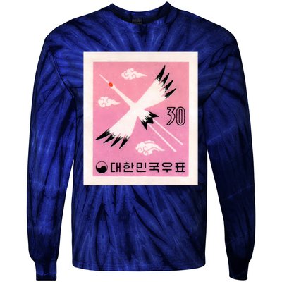 1960 Korea Red Crowned Crane Postage Stamp Tie-Dye Long Sleeve Shirt