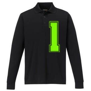 1 Lucky Number Bright Green Sports Birthday Jersey Performance Long Sleeve Polo