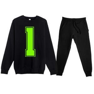 1 Lucky Number Bright Green Sports Birthday Jersey Premium Crewneck Sweatsuit Set