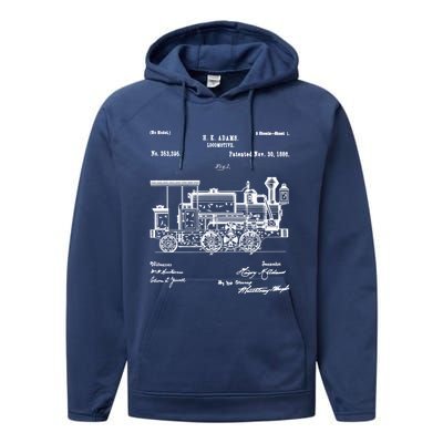 1886 Locomotive Steam Train Gift Retro Patent Blueprint Gift Performance Fleece Hoodie