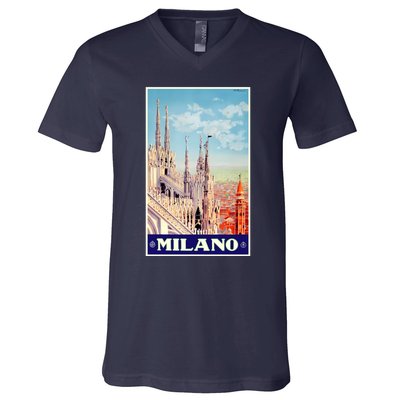 1930 Milan Cathedral Italy Travel Poster V-Neck T-Shirt