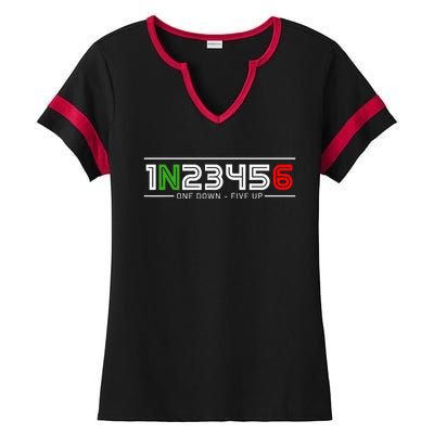 1N23456 Motorcycle Gear Shift Pattern Manual Transmission Ladies Halftime Notch Neck Tee