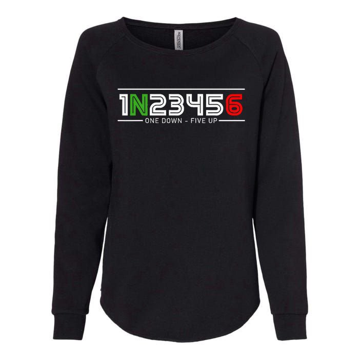 1N23456 Motorcycle Gear Shift Pattern Manual Transmission Womens California Wash Sweatshirt