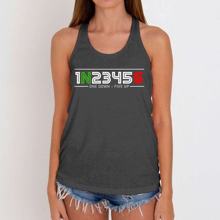 1N23456 Motorcycle Gear Shift Pattern Manual Transmission Women's Knotted Racerback Tank