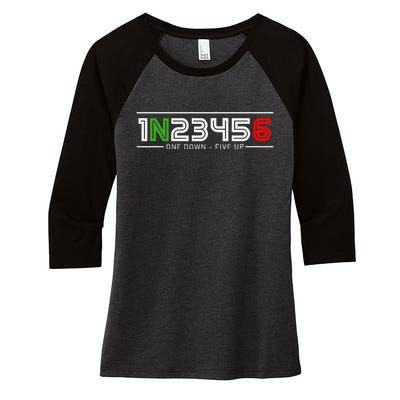 1N23456 Motorcycle Gear Shift Pattern Manual Transmission Women's Tri-Blend 3/4-Sleeve Raglan Shirt