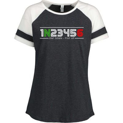 1N23456 Motorcycle Gear Shift Pattern Manual Transmission Enza Ladies Jersey Colorblock Tee