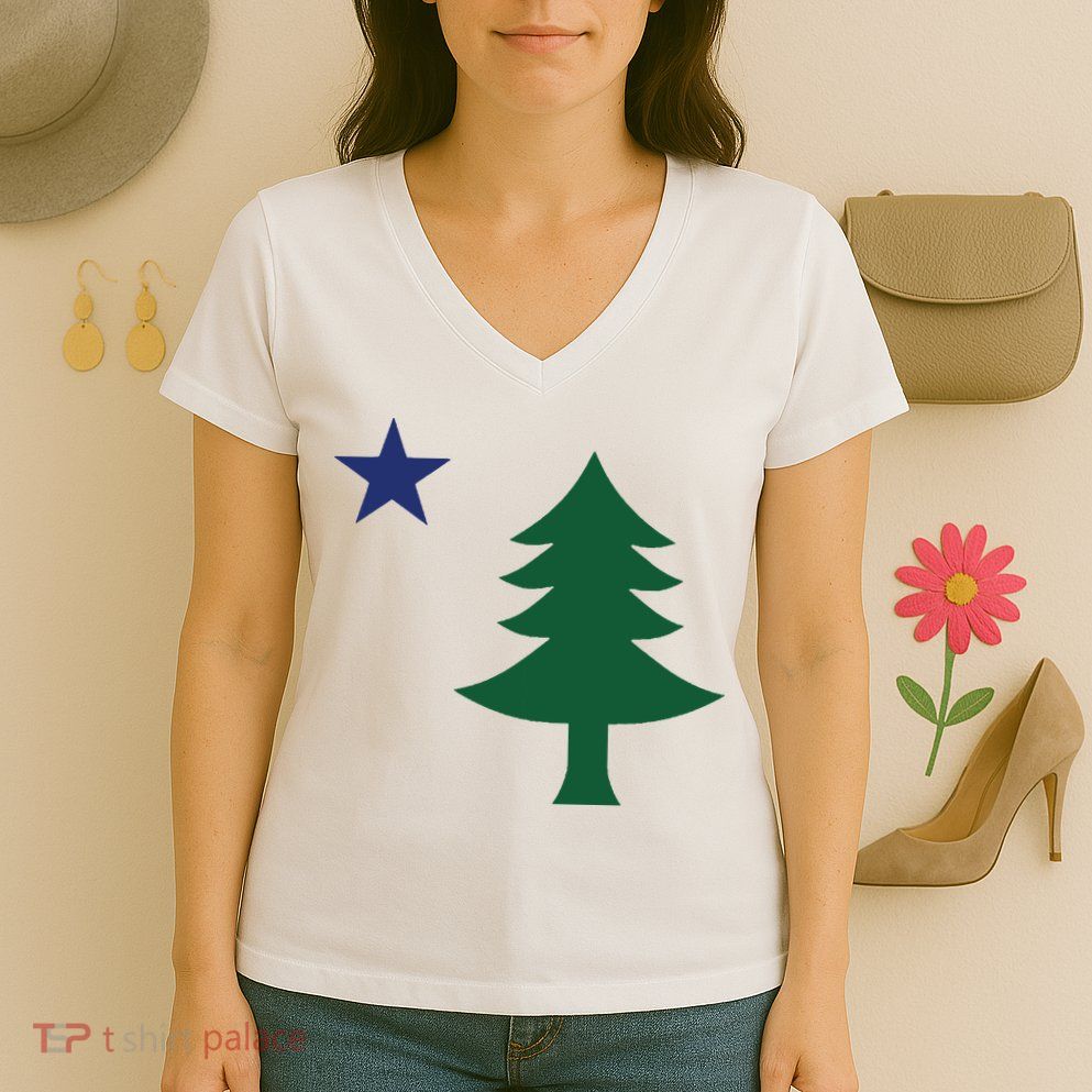 1901 Old First Flag Of Maine Pine Tree And Star Women's V-Neck T-Shirt
