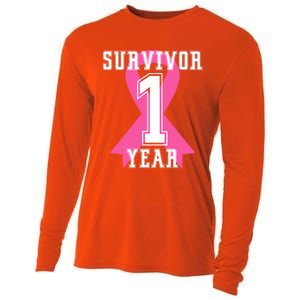 1 One Year Free Survivor Breast Cancer Awareness Pink Ribbon Funny Gift Cooling Performance Long Sleeve Crew