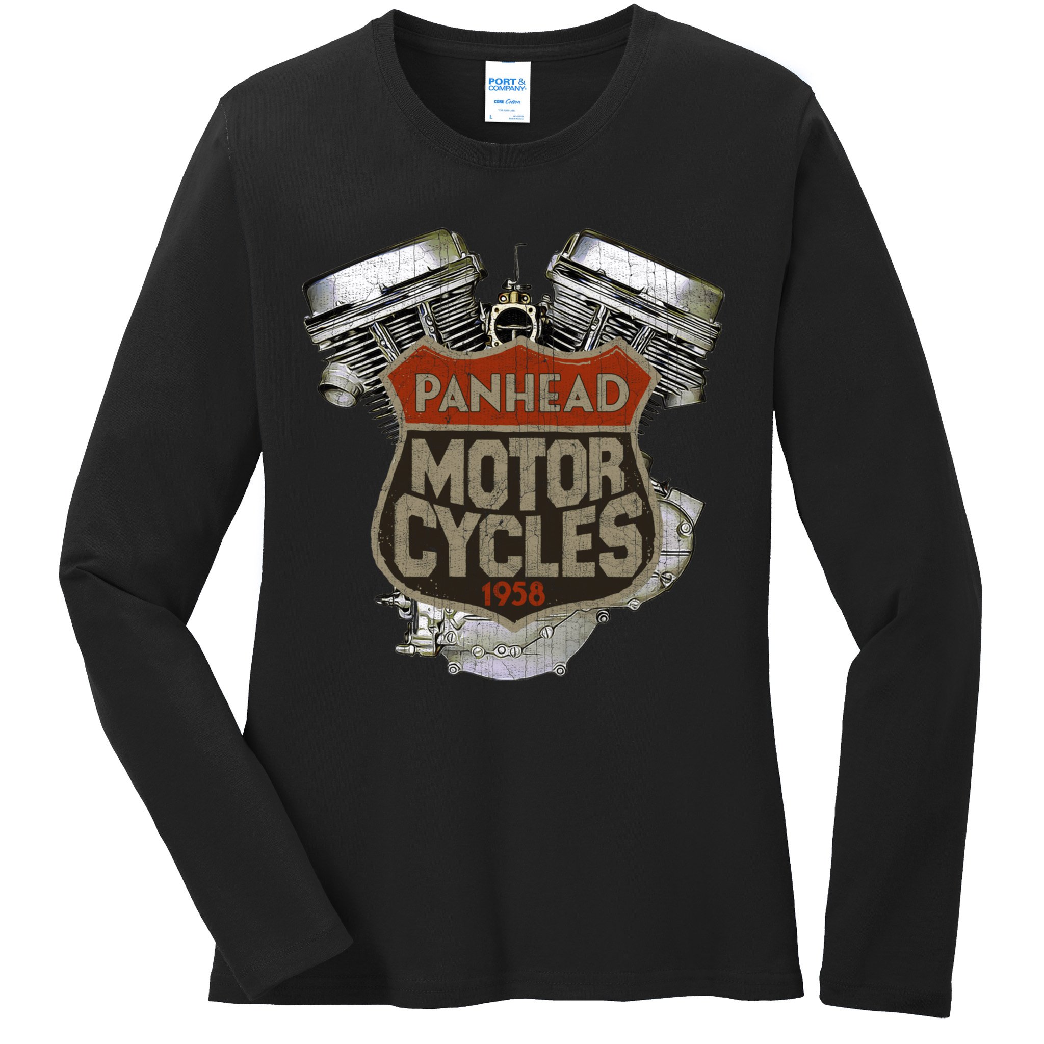 1958 Panhead Motorcycle Vintage Distressed Biker Chopper Rat Ladies Long Sleeve Shirt