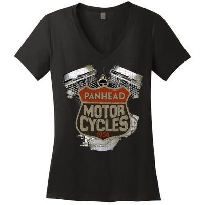 1958 Panhead Motorcycle Vintage Distressed Biker Chopper Rat Women's V-Neck T-Shirt