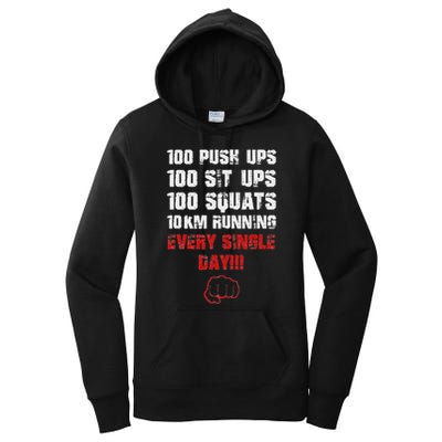 100 Push Ups 100 Sit Ups 100 Squats 10 Km Running Women's Pullover Hoodie