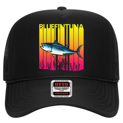 1980s Retro Bluefin Tuna Fish Fishing Fisherma Lover High Crown Mesh Back Trucker Hat