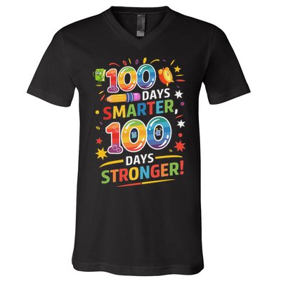100 Smart 100 Stronger Happy 100th Day Of School Celebration V-Neck T-Shirt